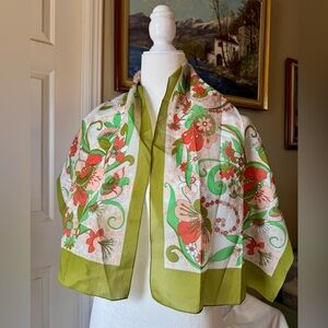 Floral Silk Scarf with Green and Red Accents